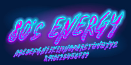 80s Energy alphabet font. Neon color letters and numbers. Stock vector typescript for your design.のイラスト素材