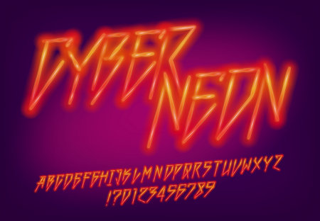 Cyber Neon alphabet font. Neon color letters and numbers. Stock vector typescript for your design.のイラスト素材