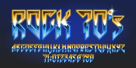Rock 70s alphabet font. Bright neon letters in heavy metal style. Stock vector typescript for your typography design.のイラスト素材