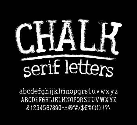 Chalk Serif letters alphabet font. Hand drawn letters numbers and symbols. Stock vector typescript for your design.のイラスト素材