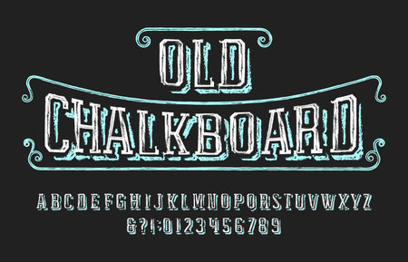 Old Chalkboard alphabet font. Ancient hand drawn letters and numbers. Stock vector typescript for your design.のイラスト素材