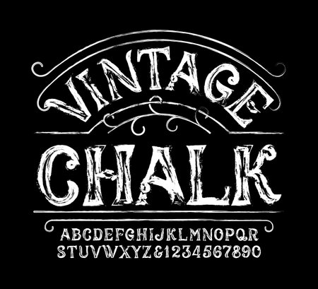 Vintage Chalk alphabet font. Hand written letters and numbers. Stock vector typescript for your design.のイラスト素材