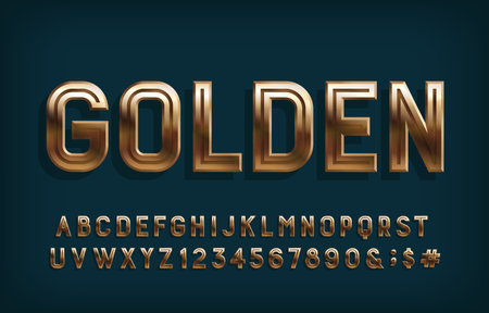 Golden alphabet font. 3d beveled letters and numbers. Stock vector typeface for your design.のイラスト素材
