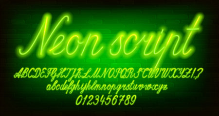 Neon Script alphabet font. Green neon letters, numbers and symbols. Stock vector typescript for your design.のイラスト素材