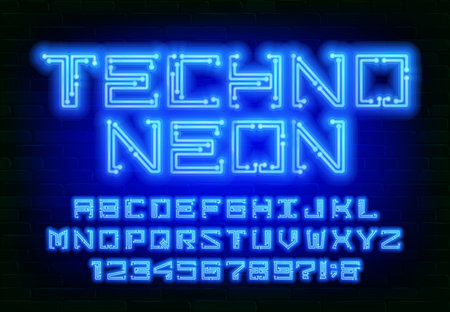 Techno Neon alphabet font. Neon color letters and numbers. Stock vector circuit board typeface.のイラスト素材