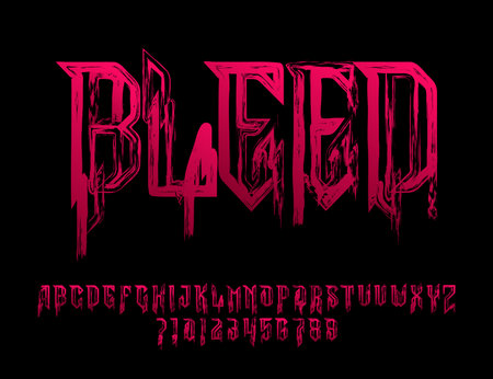Bleed alphabet font. Bloody gothic letters and numbers. Stock vector typography for your Halloween typography.のイラスト素材
