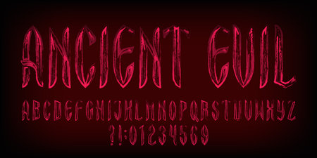 Ancient Evil alphabet font. Bloody old letters and numbers. Stock vector typography for your Halloween typography.のイラスト素材