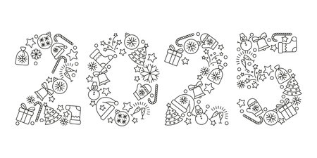 New Year 2025 sign made of Christmas icons. Stock vector illustration.