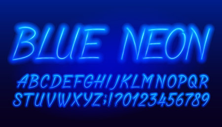 Blue Neon alphabet font. Hand drawn neon color letters and numbers. Stock vector typeface for your design.のイラスト素材