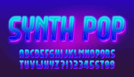 Synth Pop alphabet font. Bright neon 3d letters and numbers. Stock vector typeface for your design.のイラスト素材