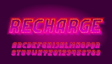 Neon alphabet font with glowing letters and numbers in pink and red against a purple background.のイラスト素材