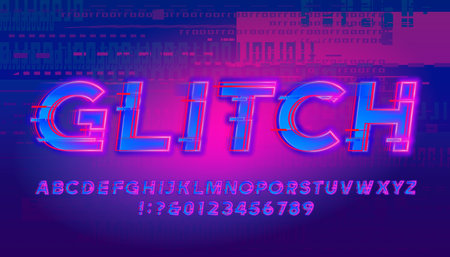 Glitch alphabet font. Glitched neon letters and numbers. Stock vector typeface for your design.のイラスト素材