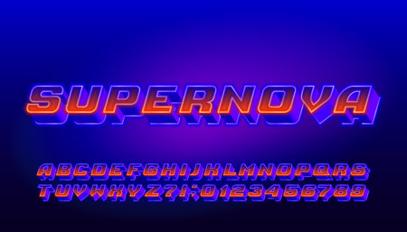 Supernova alphabet font. Bright neon 3d letters and numbers. Stock vector typeface for your design.のイラスト素材
