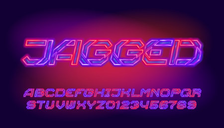 Jagged alphabet font. Distorted neon letters and numbers. Stock vector typescript for your design.のイラスト素材
