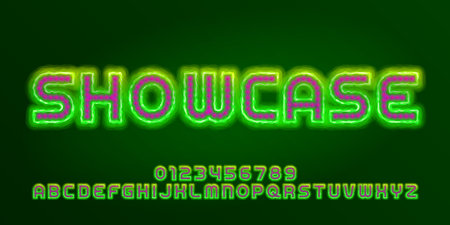 Showcase alphabet font. Bright glowing letters and numbers. Stock vector typescript for your design.のイラスト素材