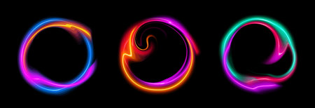 Set of glowing neon frames curve shape with wavy dynamic lines isolated on black background. Collection of random lines neon borders. Abstract background in vibrant colors. Stock vのイラスト素材