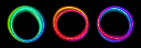 Set of glowing neon frames round shape with wavy dynamic lines isolated on black background. Collection of messy lines neon borders. Abstract background in vibrant colors. Stock veのイラスト素材