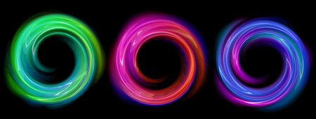 Set of bright neon frames swirl shape with wavy dynamic lines isolated on black background. Abstract background. Stock vector futuristic design elements for badges, tags and labelsのイラスト素材