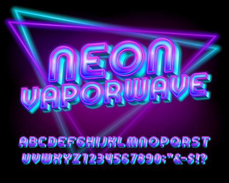 Neon Vaporwave alphabet font. Bright neon 80s style letters and numbers. Abstract polygonal background. Stock vector typeface for your design.のイラスト素材