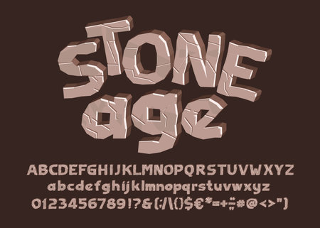 Stone Age Cartoon alphabet font. Type letters, numbers, symbols. Uppercase and lowercase. Stock vector typeface for your design.のイラスト素材