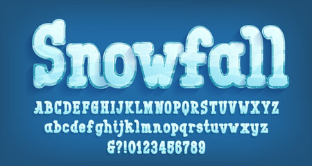 Snowfall alphabet font. Cartoon letters and numbers. Uppercase and lowercase. Stock vector typeface for your typography design.のイラスト素材