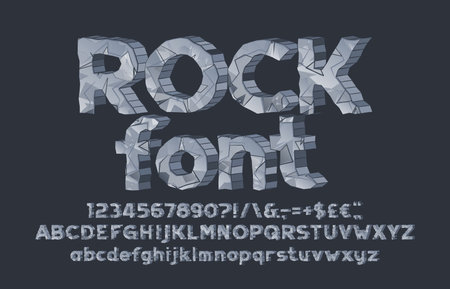 Rock alphabet font. Type letters, numbers, symbols. Uppercase and lowercase. Stock vector typeface for your design.のイラスト素材