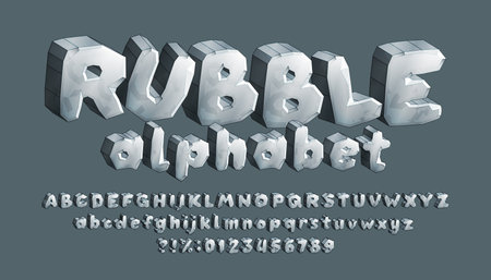Rubble alphabet font. 3D type letters, numbers, symbols. Uppercase and lowercase. Stock vector typeface for your design.のイラスト素材