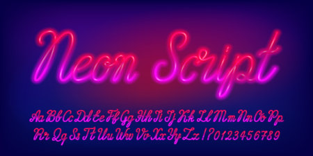 Neon Script alphabet font. Glowing neon hand drawn letters, numbers and symbols. Stock vector typescript for your design.のイラスト素材