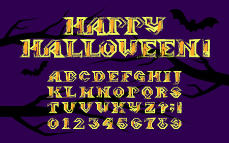 Happy Halloween vector font in a gothic grunge style. The rough, hastily brush-painted letters and numbers. Stock vector typography for festive posters, invitations, and any Hallowのイラスト素材
