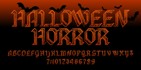 Halloween Horror vector font in a gothic grunge style. The rough, hastily brush-painted letters and numbers. Stock vector typography for festive posters, invitations, and any Halloのイラスト素材