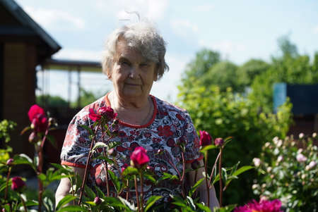 Portrait of old smiling woman in the park in the background of growing flowers as called peonies. Woman is charged energy of natureの写真素材