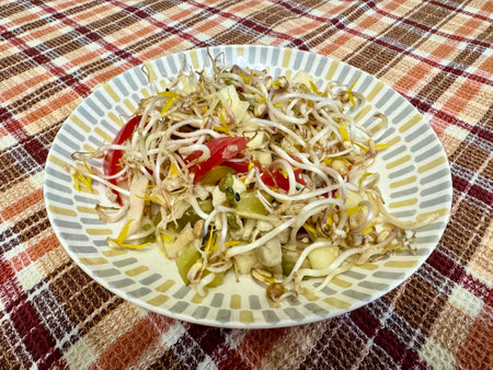 Salad of fresh vegetables and micro-greens. Tomatoes, onions, apples, a mound of sprouted mung beans on a porcelain plate on the table. Concept of diet, veganism, healthy foods.の写真素材