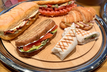 A variety of wraps and sandwiches made with fresh ingredients such as produce and vegetables and meat are displayed on a wooden pallet. These fast food staples are perfect for a quick and delicious mealの写真素材
