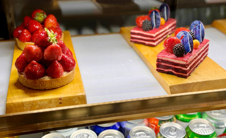 A portion of layered cream cake with red strawberries on a wooden stand on the counter of the...