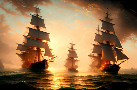 sailing ships in the sea at sunset, 3d render illustration. AI Generatedの素材