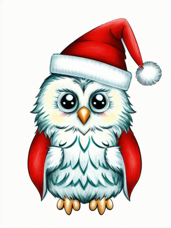 Christmas owl in Santa Claus hat on white background. Vector illustration.の素材