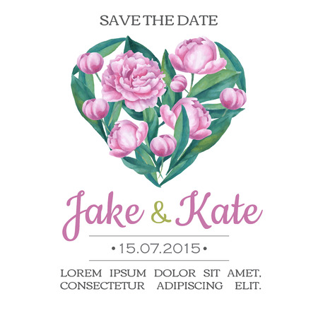 Vector watercolor wedding invitation card with piony flowers and leaves in heart shape. Hand drawn illustation. Illustration for greeting cards, invitations, and other printing projects.のイラスト素材