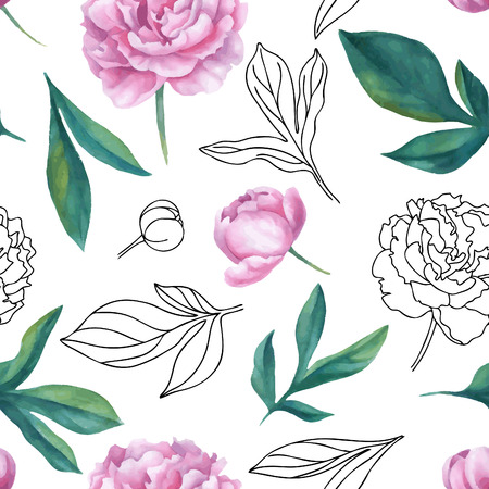 Seamless vector watercolor and graphic sketch peony pattern. Hand-made illustrationのイラスト素材