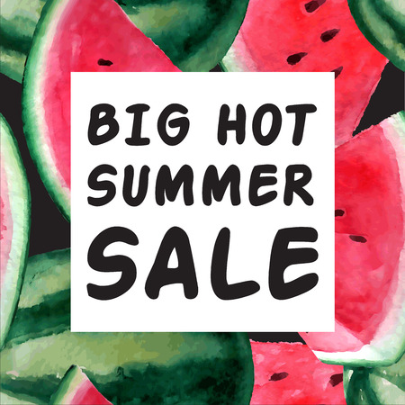 Big Hot Summer Sale Banner. Vector watercolor illustration with juicy watermelon. Big sale and special discountsのイラスト素材