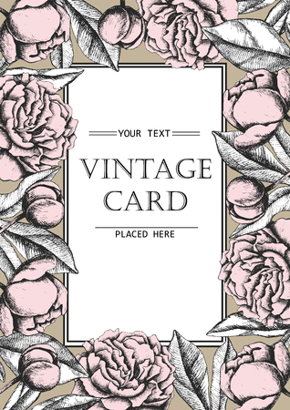Vintage elegant card with peony flowers. Black and white ink vector illustration. Great for wedding invitation or birthday cardのイラスト素材