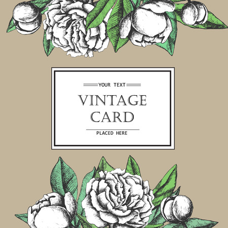 Vintage elegant card with peony flowers. Black and white ink vector illustration. Great for wedding invitation or birthday cardのイラスト素材