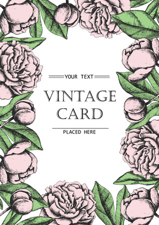 Vintage elegant card with peony flowers. Black and white ink vector illustration. Great for wedding invitation or birthday cardのイラスト素材