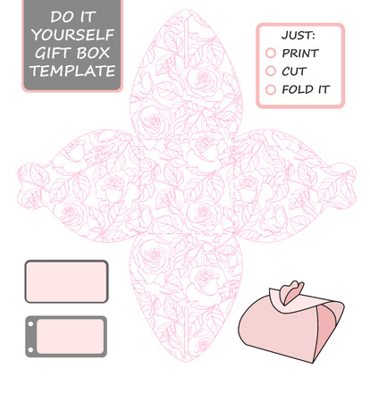 Favor, gift box die cut. Box template with rose pattern. Great for birthday or wedding gift packaging.のイラスト素材