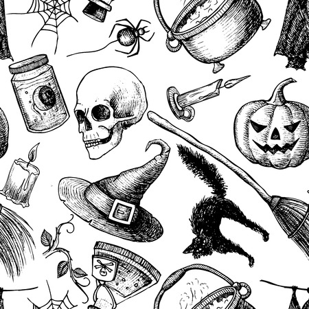 Vector seamless Halloween pattern. Hand drawn vintage illustrationのイラスト素材