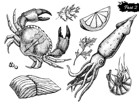 Vector hand drawn seafood set. Vintage illustrationのイラスト素材