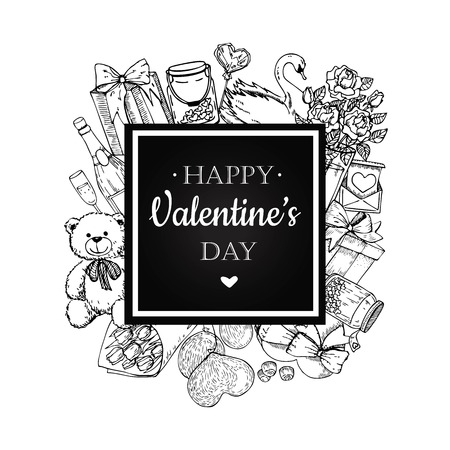 Vector Valentines day card. Hand drawn illustrations. Great  Valentines card, banner, poster, label.のイラスト素材