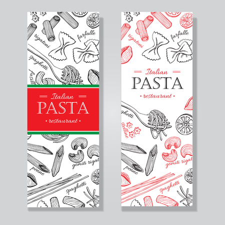 Vector vintage italian pasta restaurant illustration. Hand drawn banner. Great for menu, banner, flyer, card, business promote.のイラスト素材