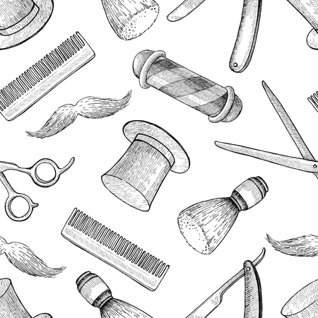 Vector vintage hand drawn Barber Shop seamless pattern. Detailed background. Mustage, scissors, ribbon, whisker and lettering styled text. Design elements for background, banner, poster, template.のイラスト素材