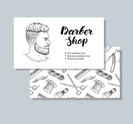 vintage hand drawn Barber Shop business cards. Detailed illustrations. Hipster man with beard, mustage, scissors, ribbon, whisker and lettering styled text.のイラスト素材