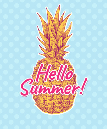 Vector hand drawn pineapple with Hello Summer sign. Tropical summer fruit engraved style illustration. Great for summer decor, greeting card, poster, party invitation.のイラスト素材
